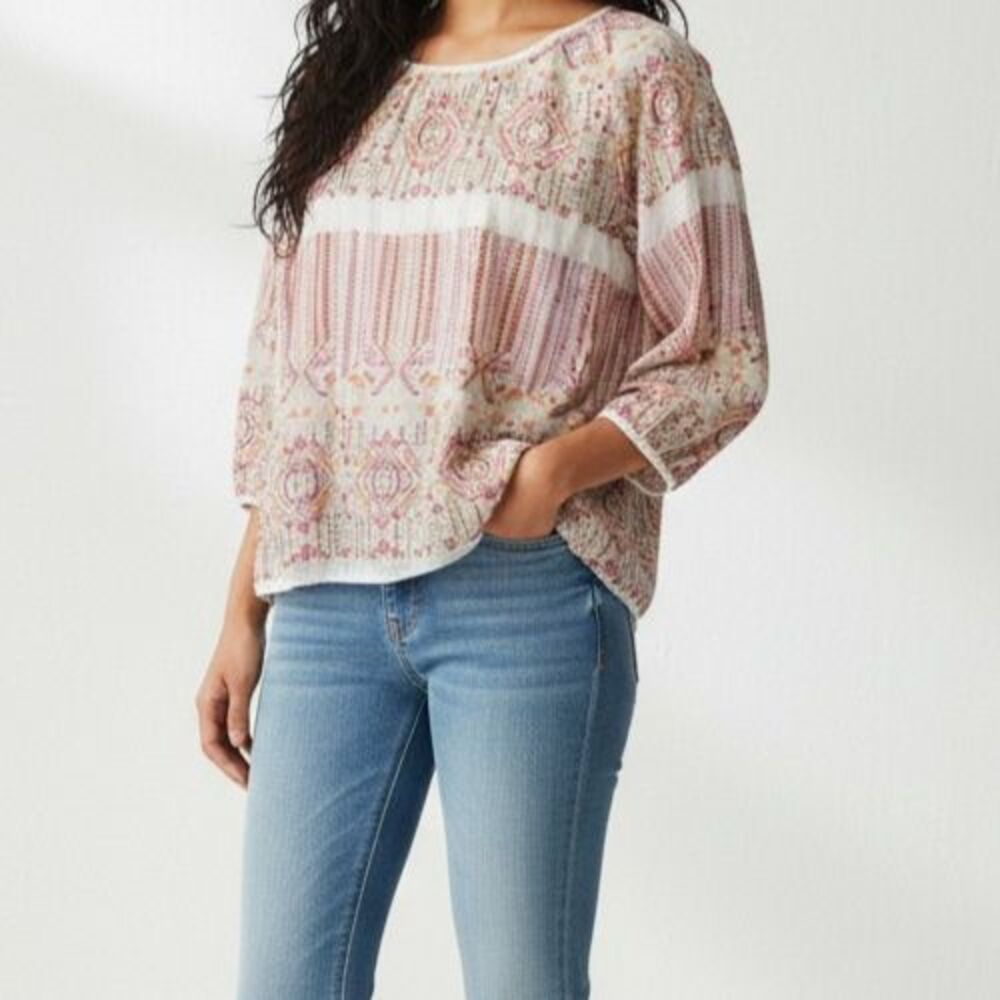 Dylan NEW Maya Cross Stitch Embroidered Blouse Women Medium Pink Red Peasant Top